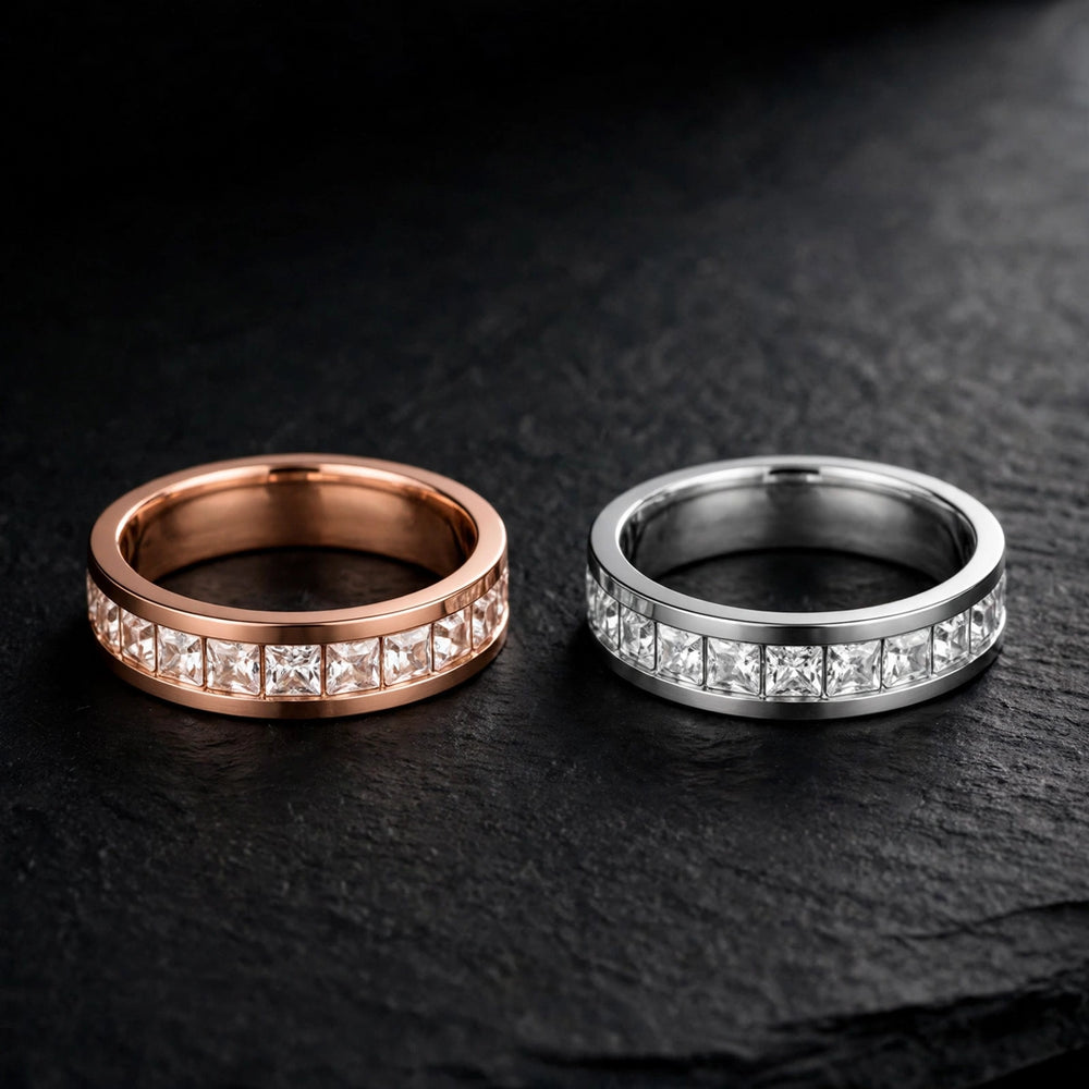 Rose gold and silver rhinestone eternity ring, luxury jewelry product photography