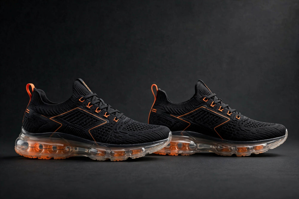 Black knit runner sneaker with orange accents, luxury product photography