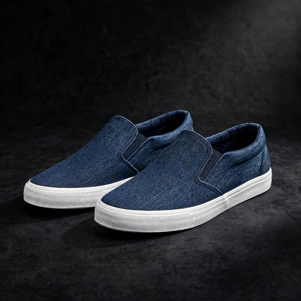 Dark denim slip-on canvas shoe, luxury product photography