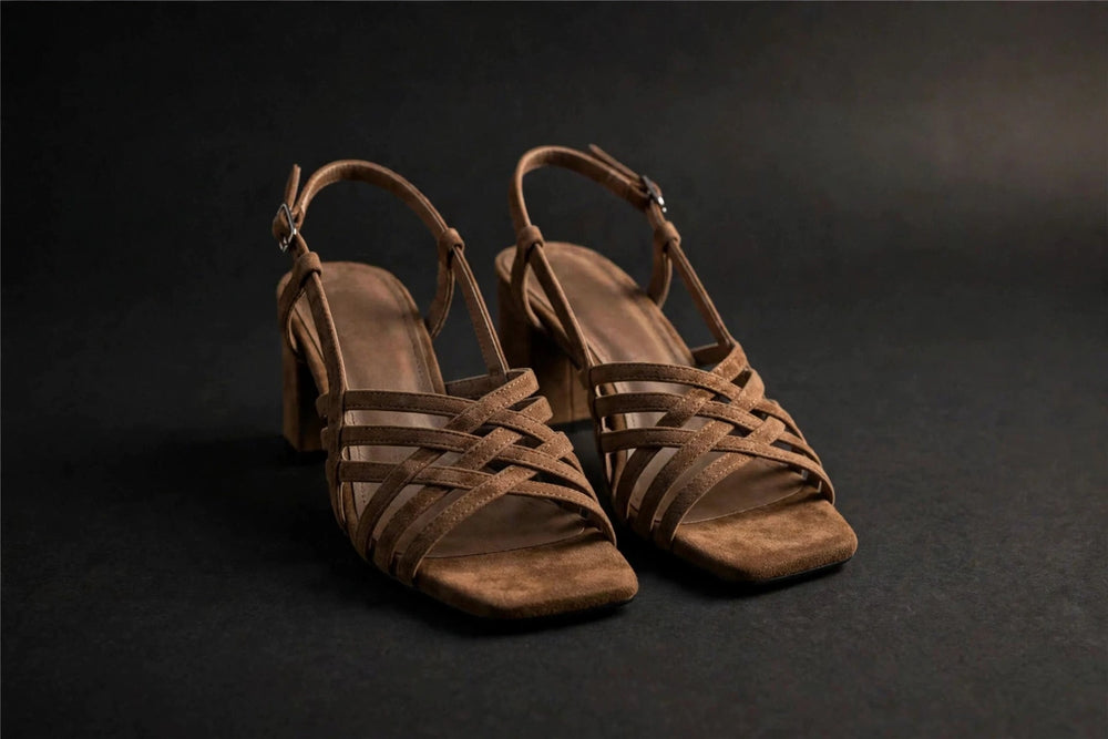 Brown crisscross square-toe mid-heel sandal, luxury product photography