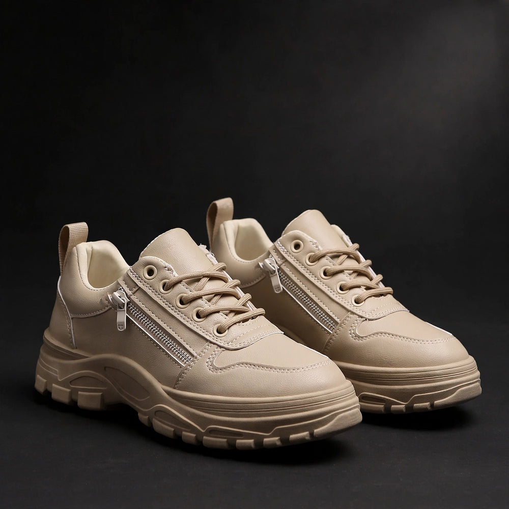 Beige chunky thick-sole zip sneaker, luxury product photography