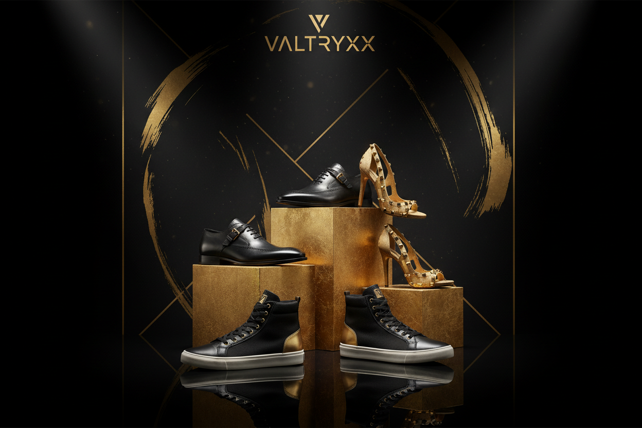 Luxury black and gold designer shoes on golden pedestals, minimalist high-end footwear collection