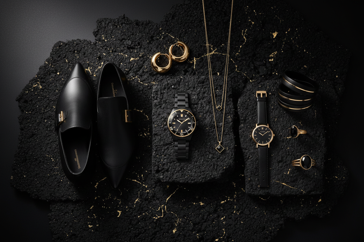 Luxury black loafers, gold-accented watches, and minimalist jewelry on textured black surface with gold flecks