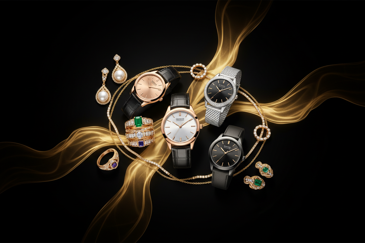Luxury watches and gemstone jewelry with diamond accents on golden swirls, minimalist design